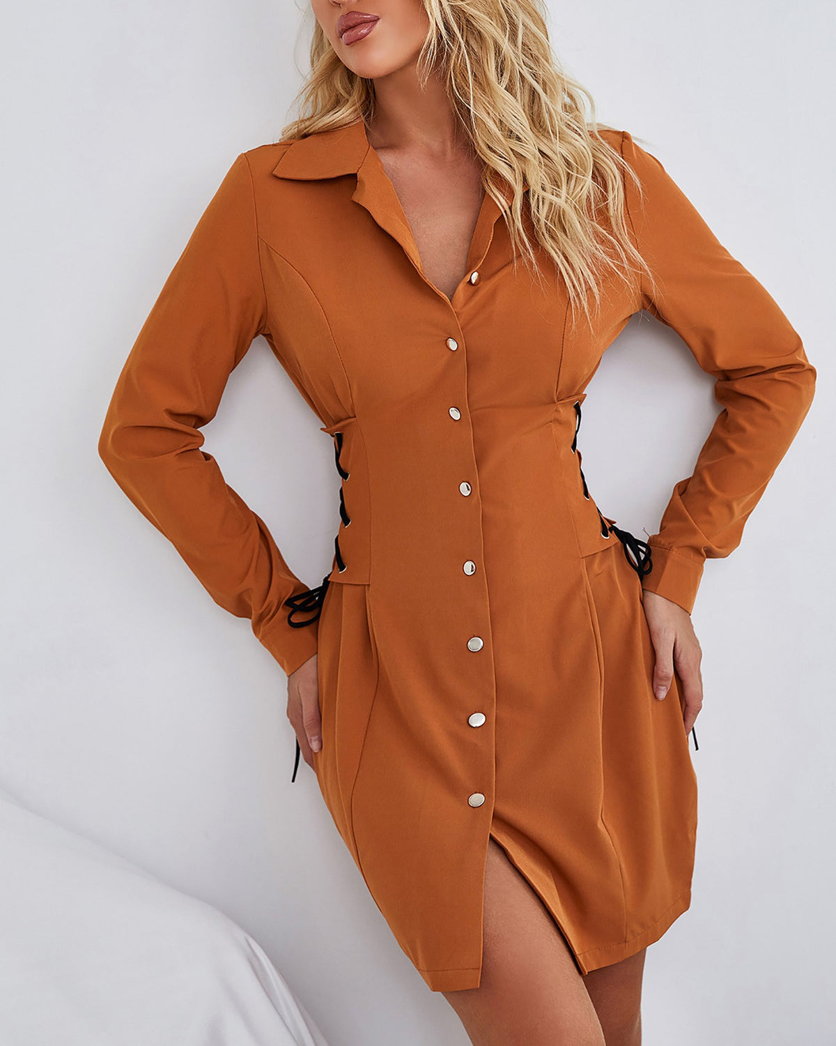 Eyelet Lace Up Button Design Shirt Dress