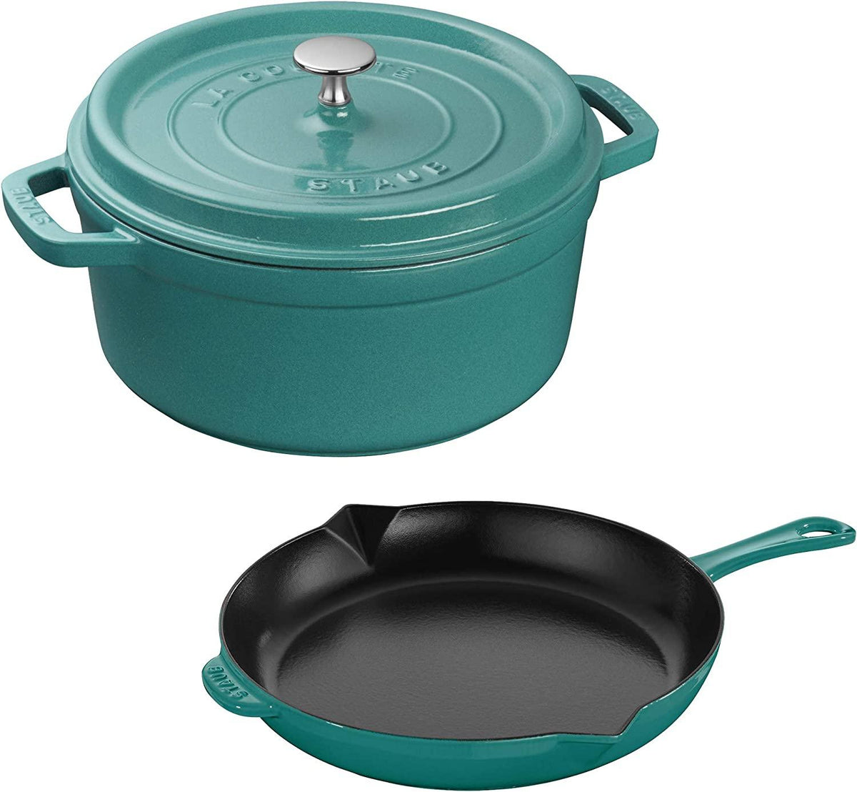 Staub Cast Iron 3-pc Cocotte and Fry Pan Set-Turquoise, Made in France