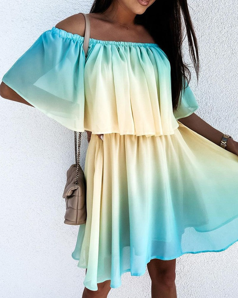 Off Shoulder Ombre Color Ruffles Casual Dress