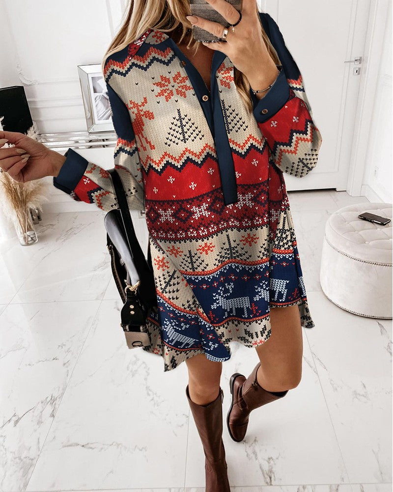 Christmas Print Buttoned Shirt Dress