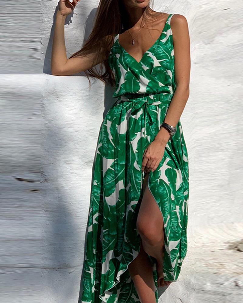 Leaf Print Tie Waist Midi Dress