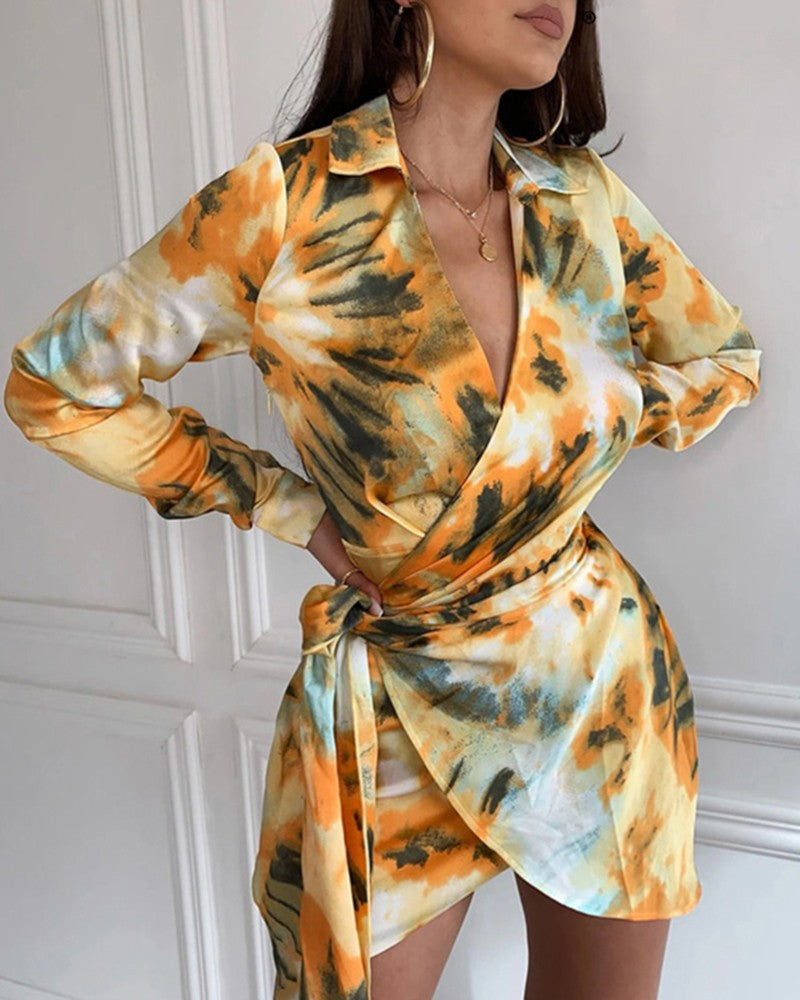 Tie Dye Wrap Tie Side Mini Dress