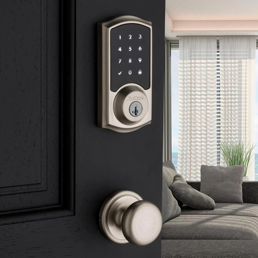 Premis Touchscreen Smart Lock Single Cylinder Satin Nickel Electronic with Avalon Handleset and Tustin Door Lever