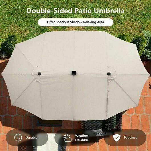 15 Feet Twin Patio Umbrella with 48 Solar LED Lights-Beige - Color: Beige