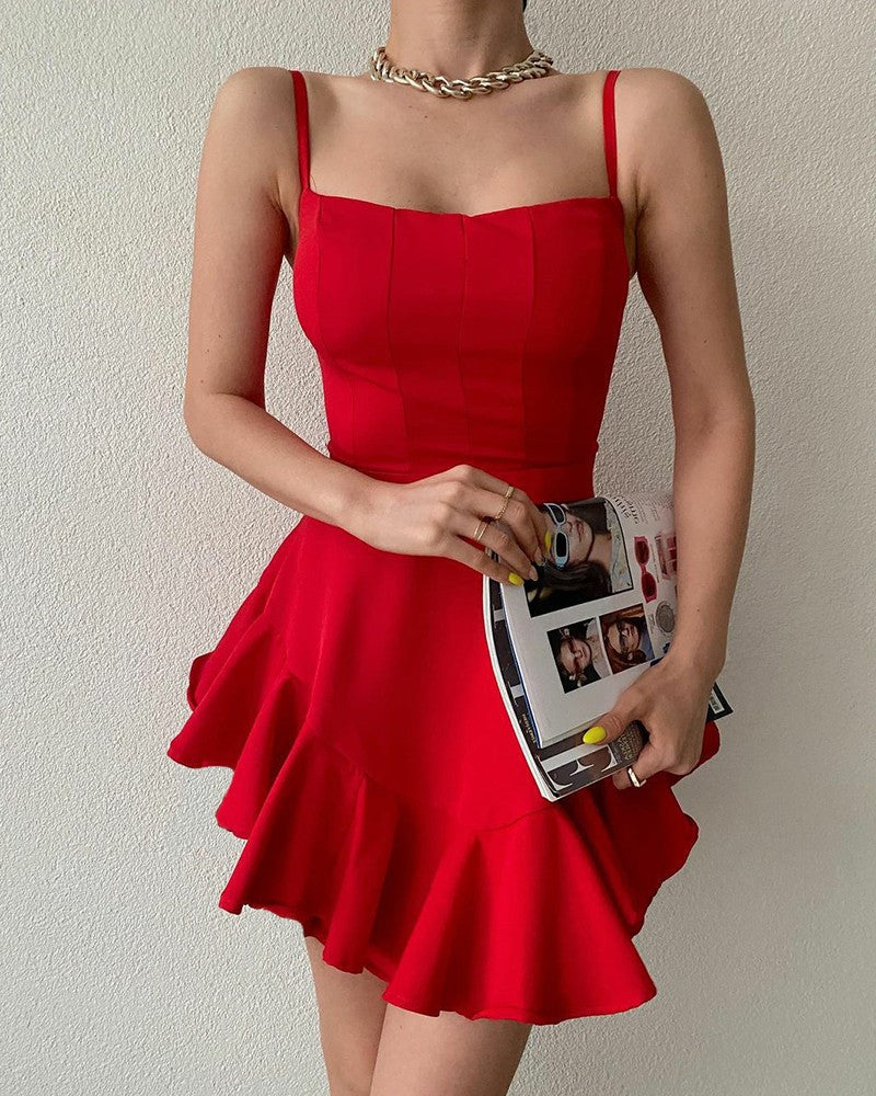 Solid Color Ruffle Hem Cami Dress