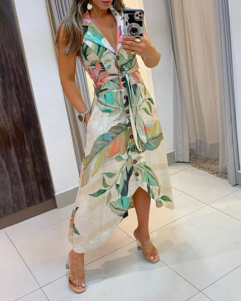 Floral Print Button Design Halter Backless Maxi Women Dress