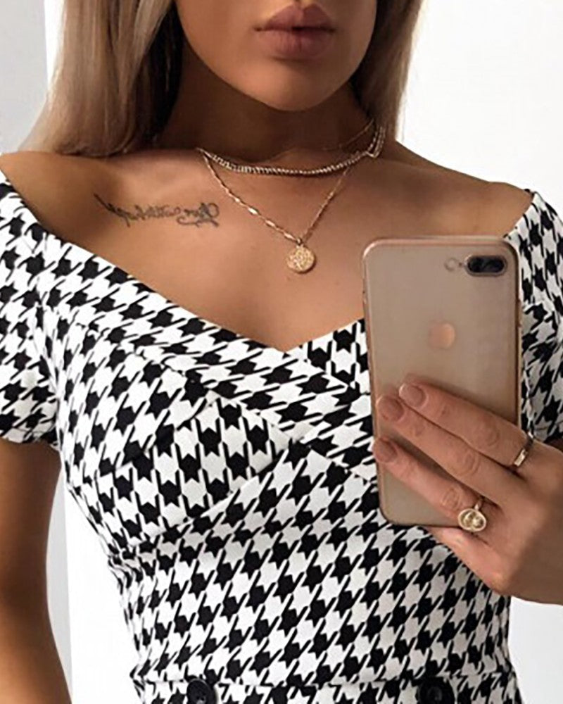 Houndstooth Buttoned Design Bodycon Dress
