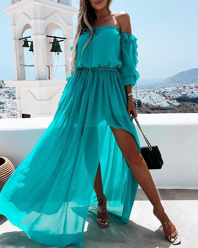 Off Shoulder Ruffle Hem High Slit Maxi Dress
