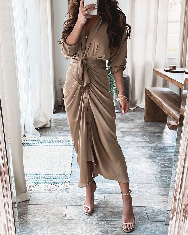 High Slit Button Front Long Sleeve Shirt Dress