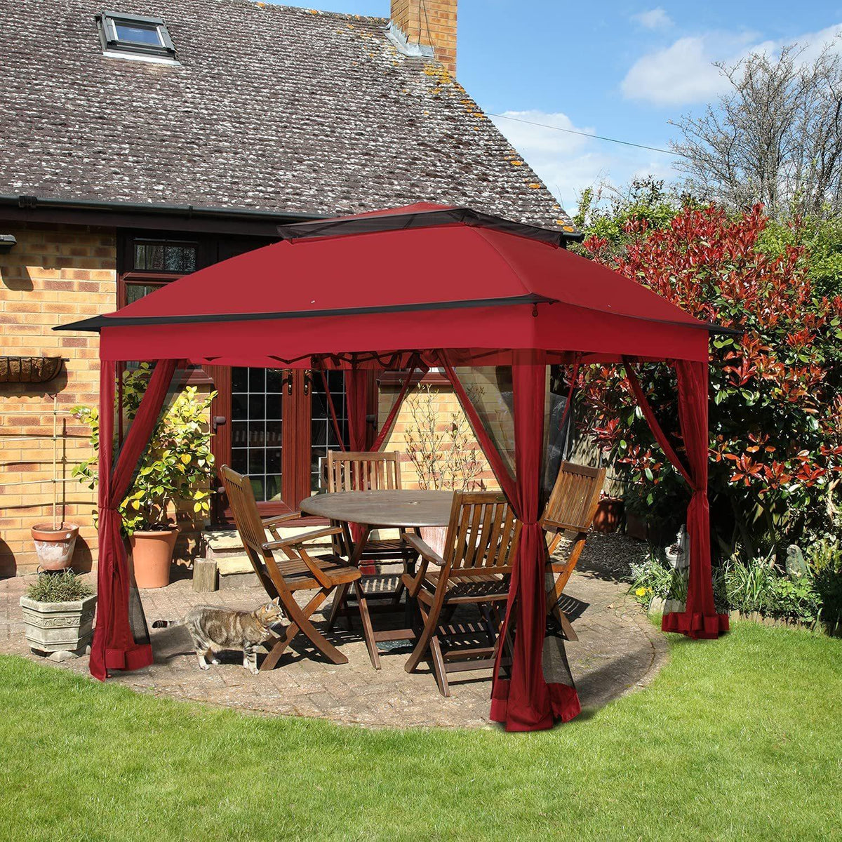 11'x11' Red Outdoor 2-Tier Vented Canopy Steel Gazebo BBQ Party Tent