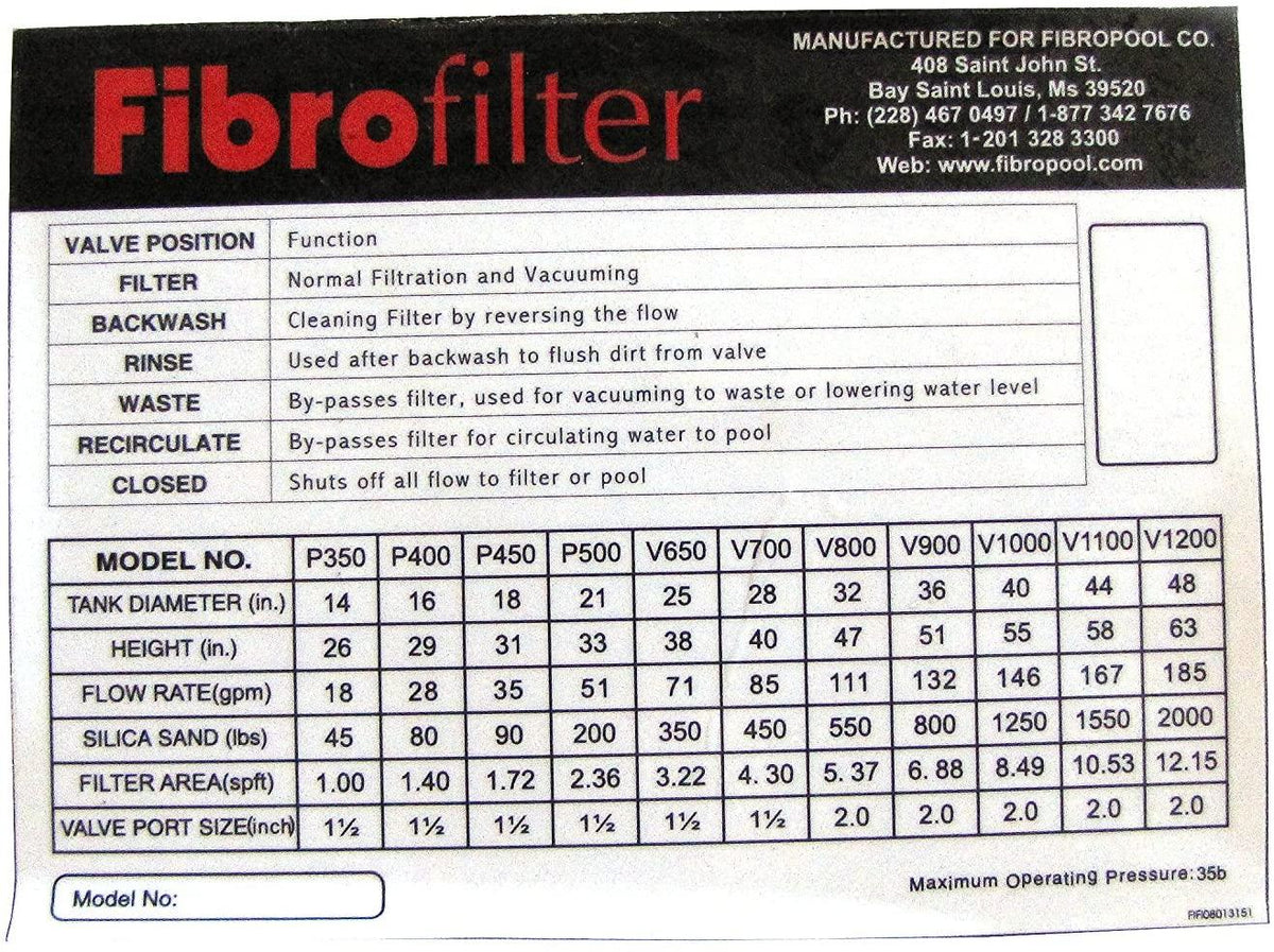 FibroPool V800 32" Top Valve Swimming Pool Sand Filter
