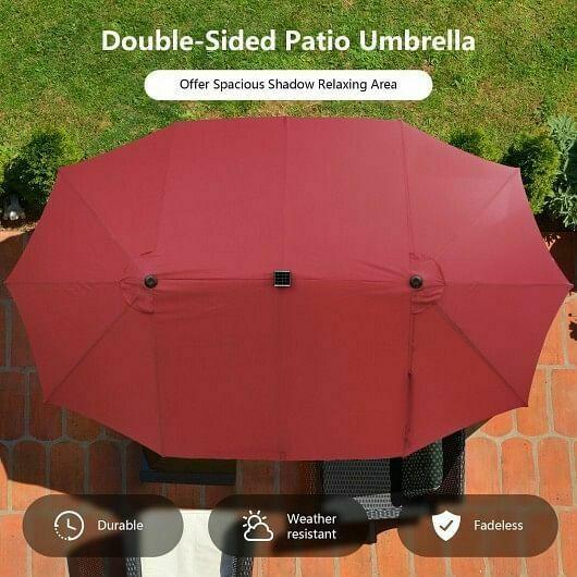 15 Feet Twin Patio Umbrella with 48 Solar LED Lights-Wine - Color: Wine