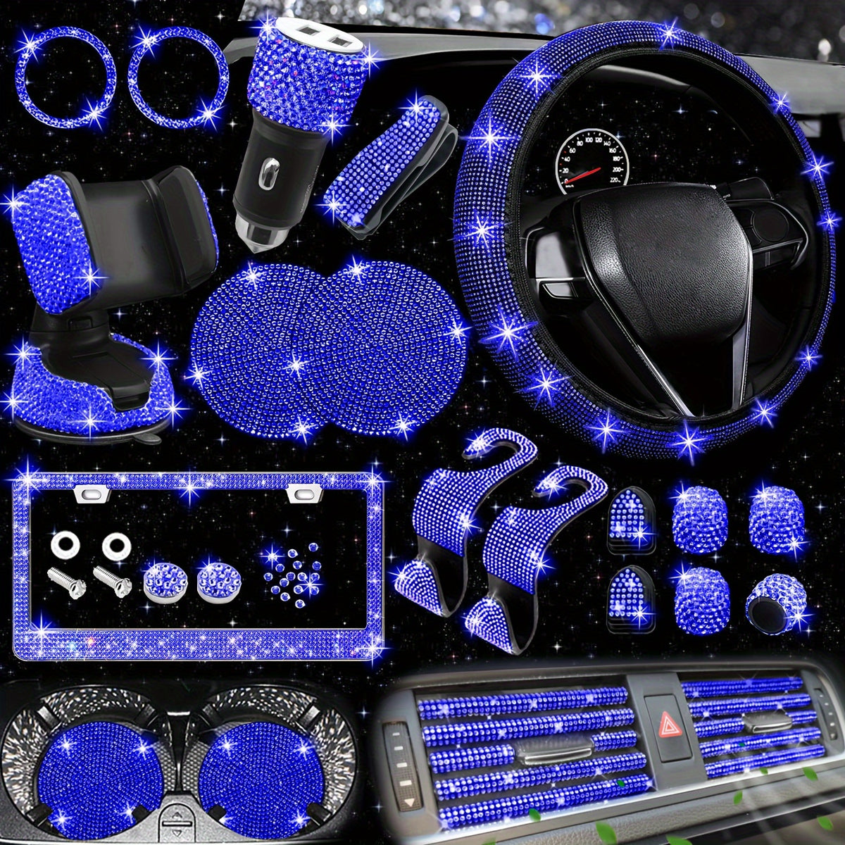 27pcs Bling Car Accessories Set For Women, Bling Steering Wheel Covers Universal Fit 15 Inch, Bling License Plate Frame, Phone Holder, Car Coasters