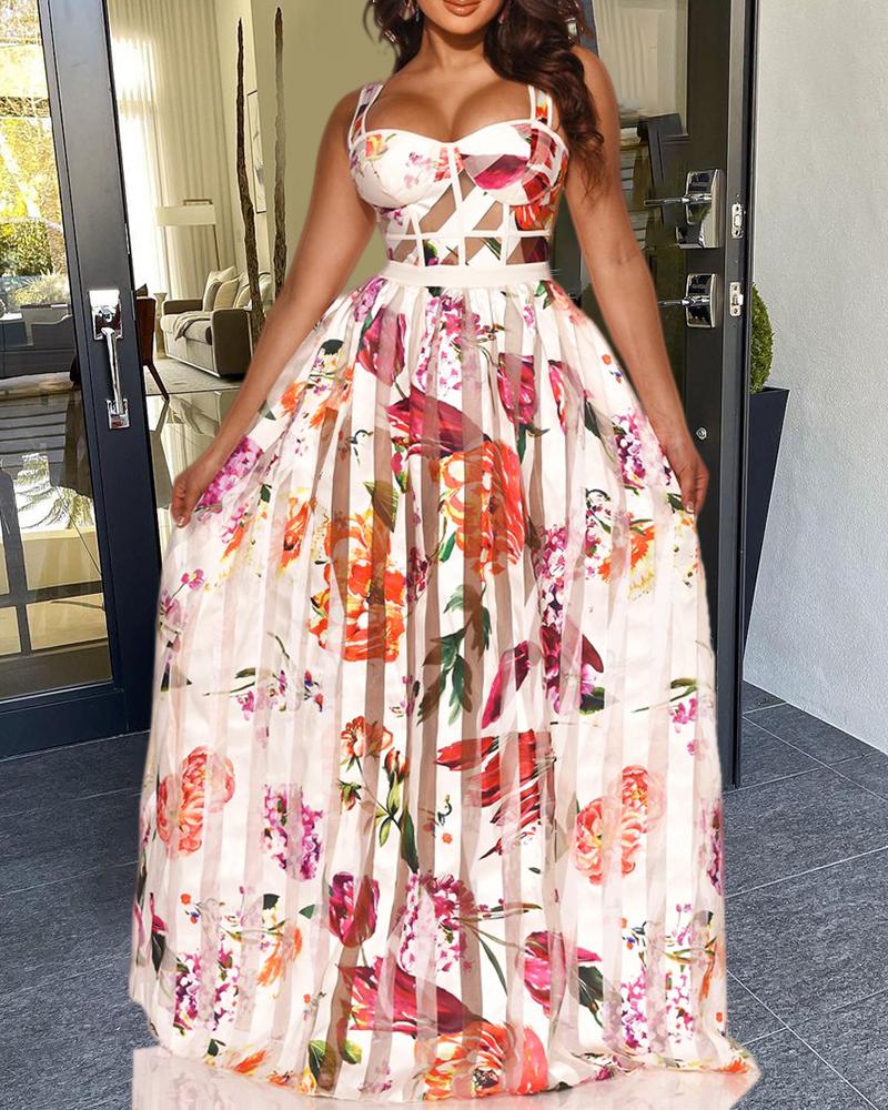 Elegant Women Sleeveless Dress Sheer Mesh Patch Floral Print Maxi Dress