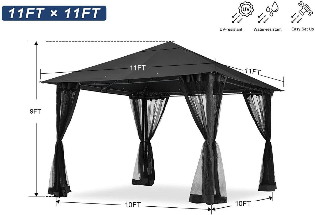 Dark Grey Outdoor 11x11ft Patio Garden Canopy Gazebo with Mosquito Net