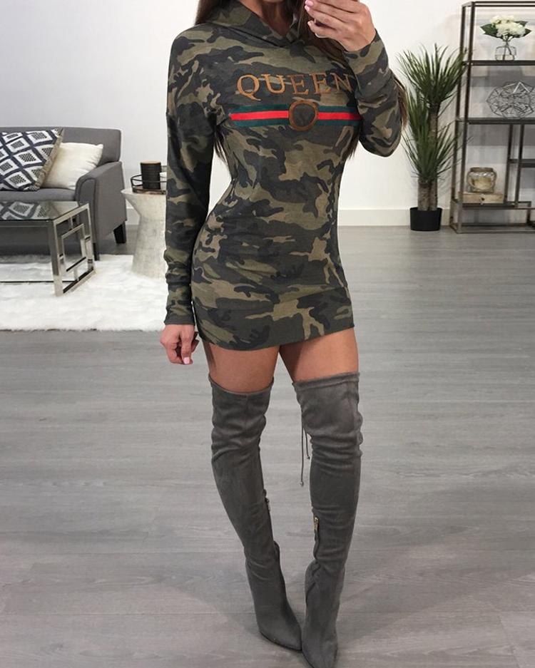 Stylish Camouflage Print Casual Hoodie Women Dress