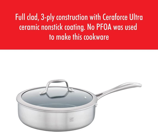 ZWILLING Spirit Ceramic Nonstick Saute Pan, 3-qt, 2-inch, Stainless Steel