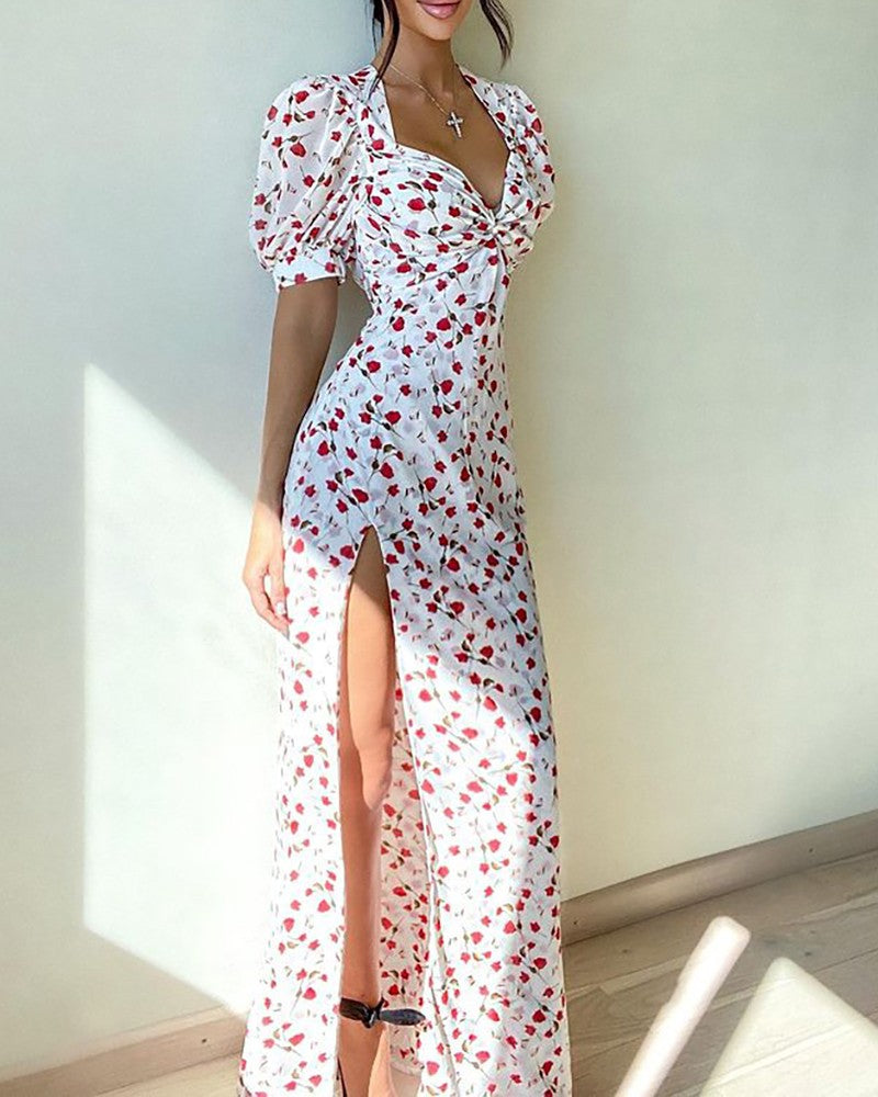 Ditsy Floral Print Ruched Slit Maxi Dress