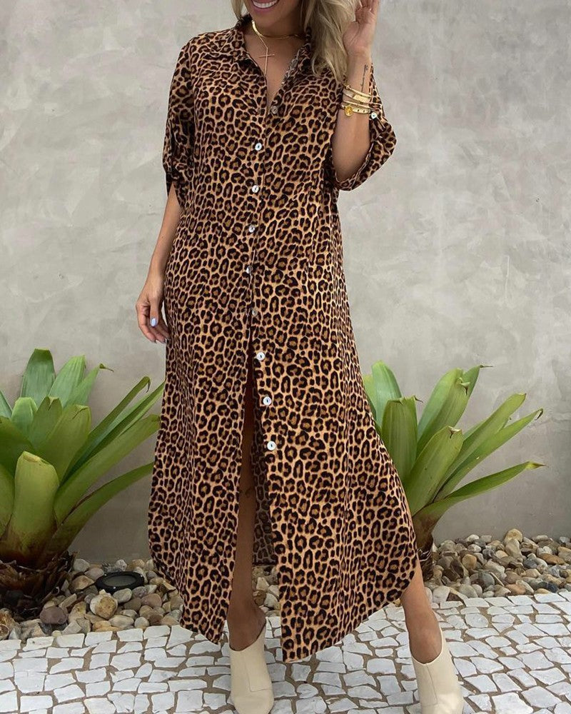 Allover Leopard Print Button Front Shirt Dress