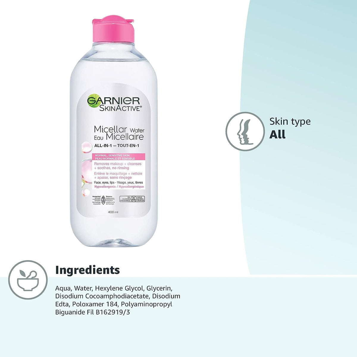 Garnier SkinActive Micellar Water for All Skin Types, Facial Cleanser & Makeup Remover, 13.5 Fl Oz (400mL), 1 Count (Packaging May Vary)