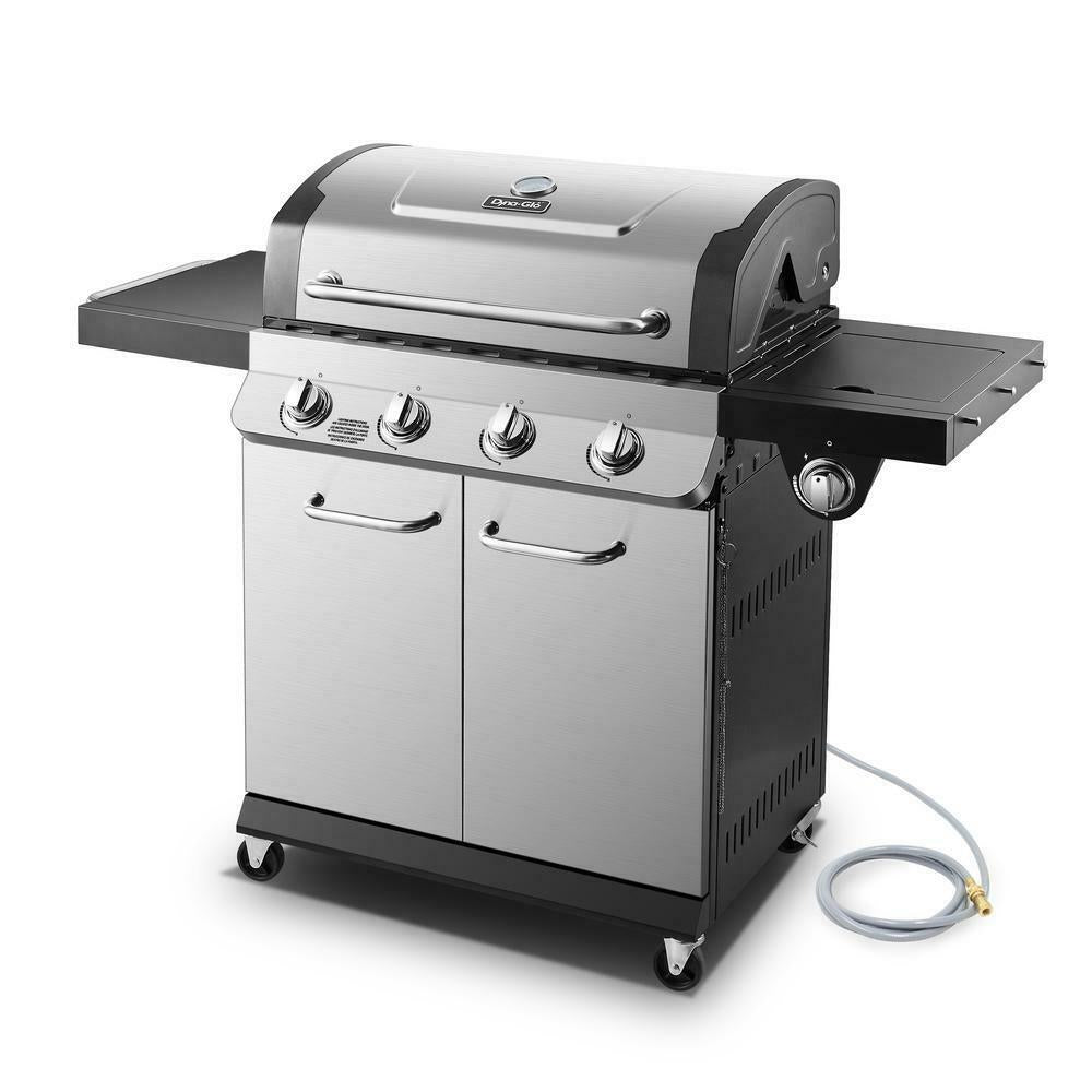 Natural Gas Grill 4-Burner 4-Wheel Enclosed Cabinet Warming Rack Stainless Steel