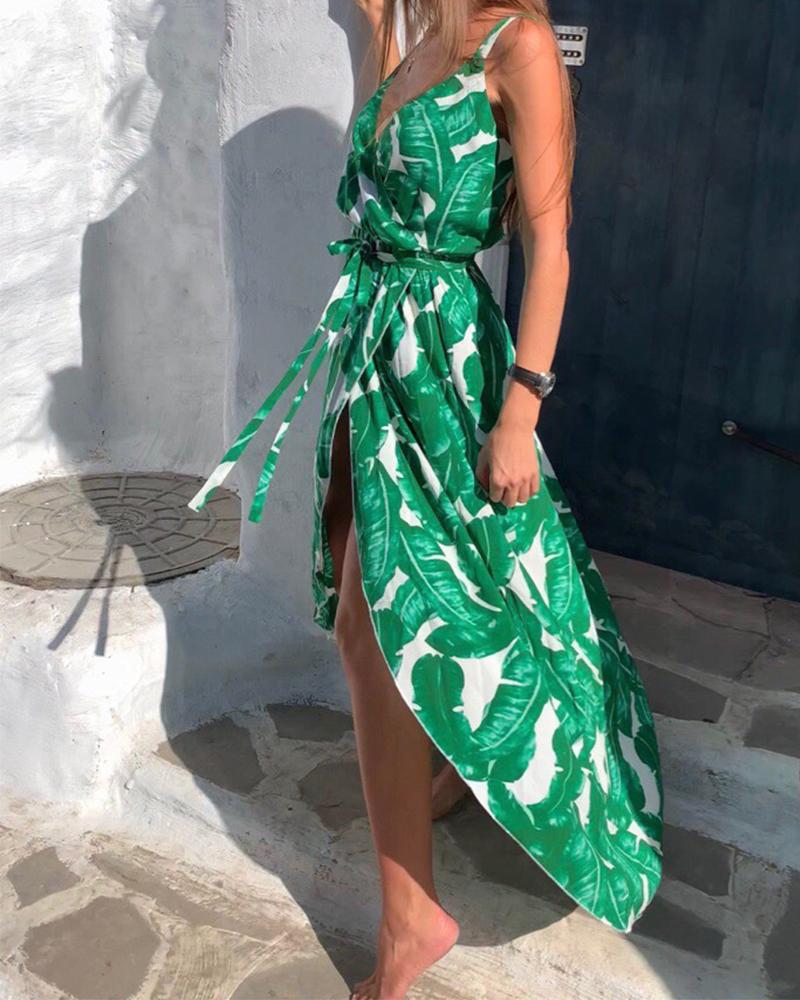 Leaf Print Tie Waist Midi Dress