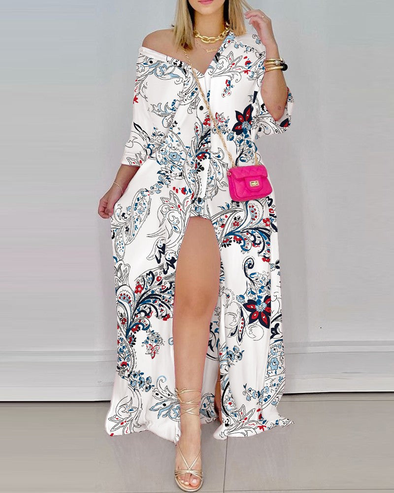 Floral Print Button Up High Slit Shirt Dress 3/4 Sleeve Maxi Dress