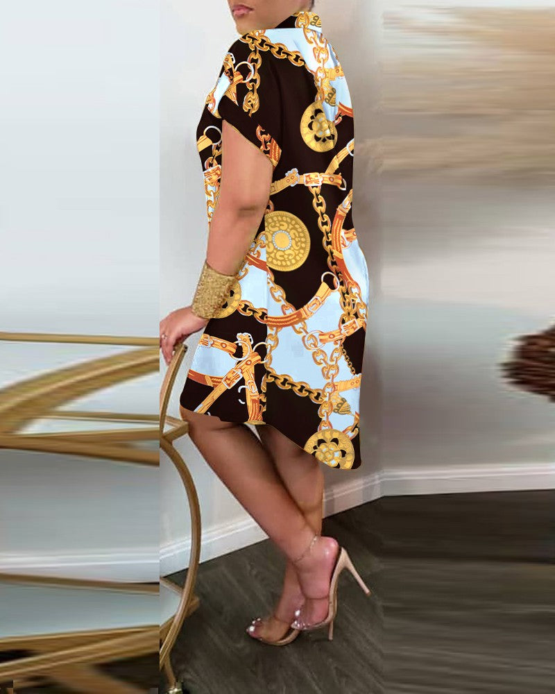 Chain Print Roll Up Sleeve Shirt Dress Casual Short Sleeve Loose Dress
