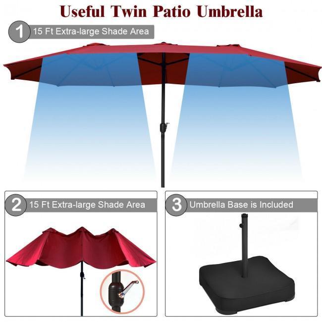 15 Foot Extra Large Patio Double Sided Umbrella with Crank