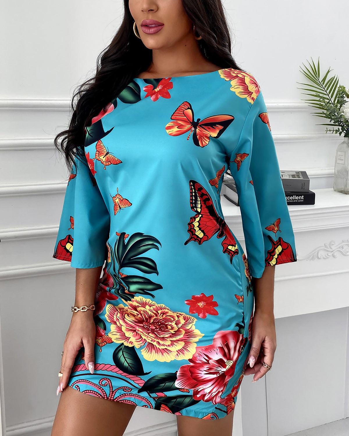 Half Sleeve Butterfly Floral Print Dress