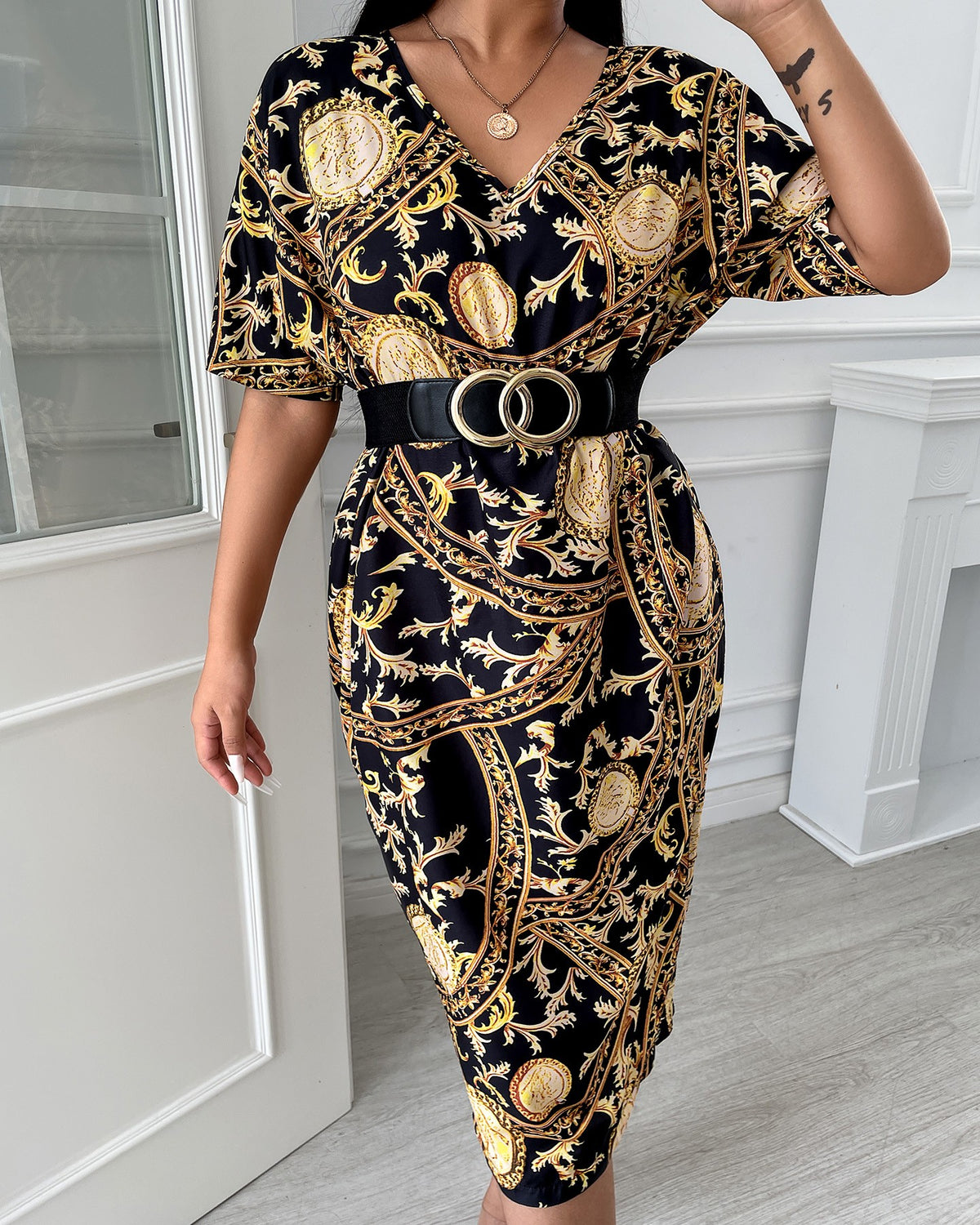 Baroque All Over Print V-Neck Casual Dress