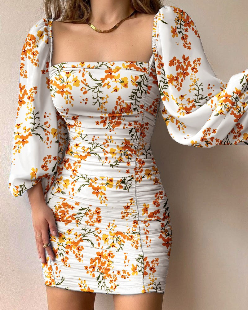 Floral Print Lantern Sleeve Ruched Bodycon Dress