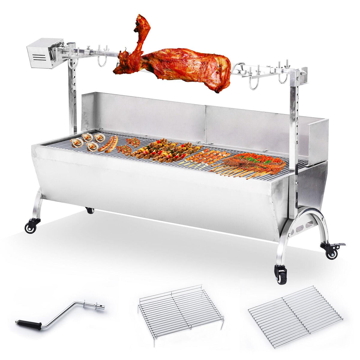 46" Large Stainless Steel BBQ Pig Lamb Goat Chicken Spit Roaster Rotisserie Spit