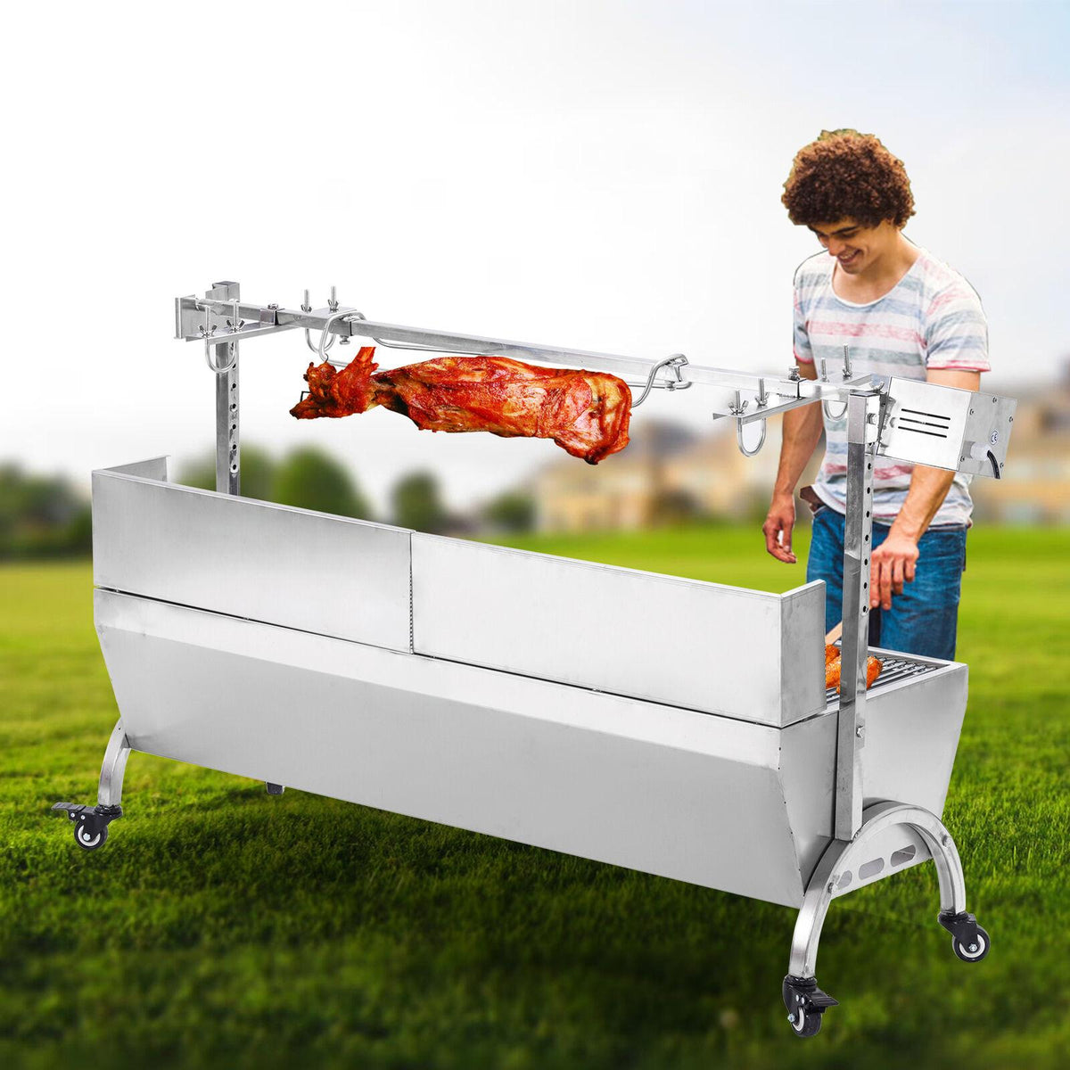 46" Large Stainless Steel BBQ Pig Lamb Goat Chicken Spit Roaster Rotisserie Spit