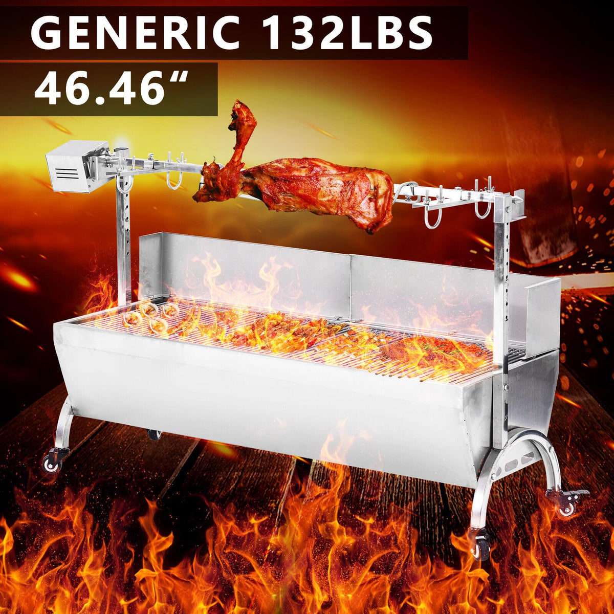 46" Large Stainless Steel BBQ Pig Lamb Goat Chicken Spit Roaster Rotisserie Spit