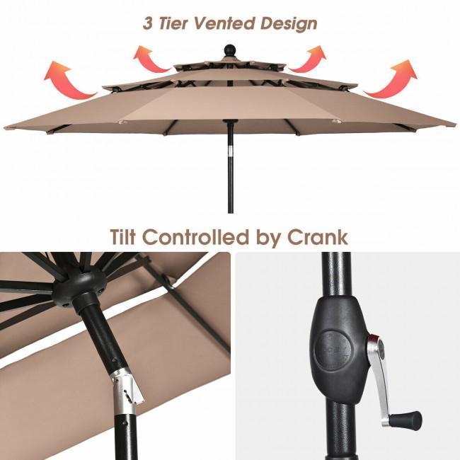 10ft 3 Tier Outdoor Patio Umbrella with Double Vented