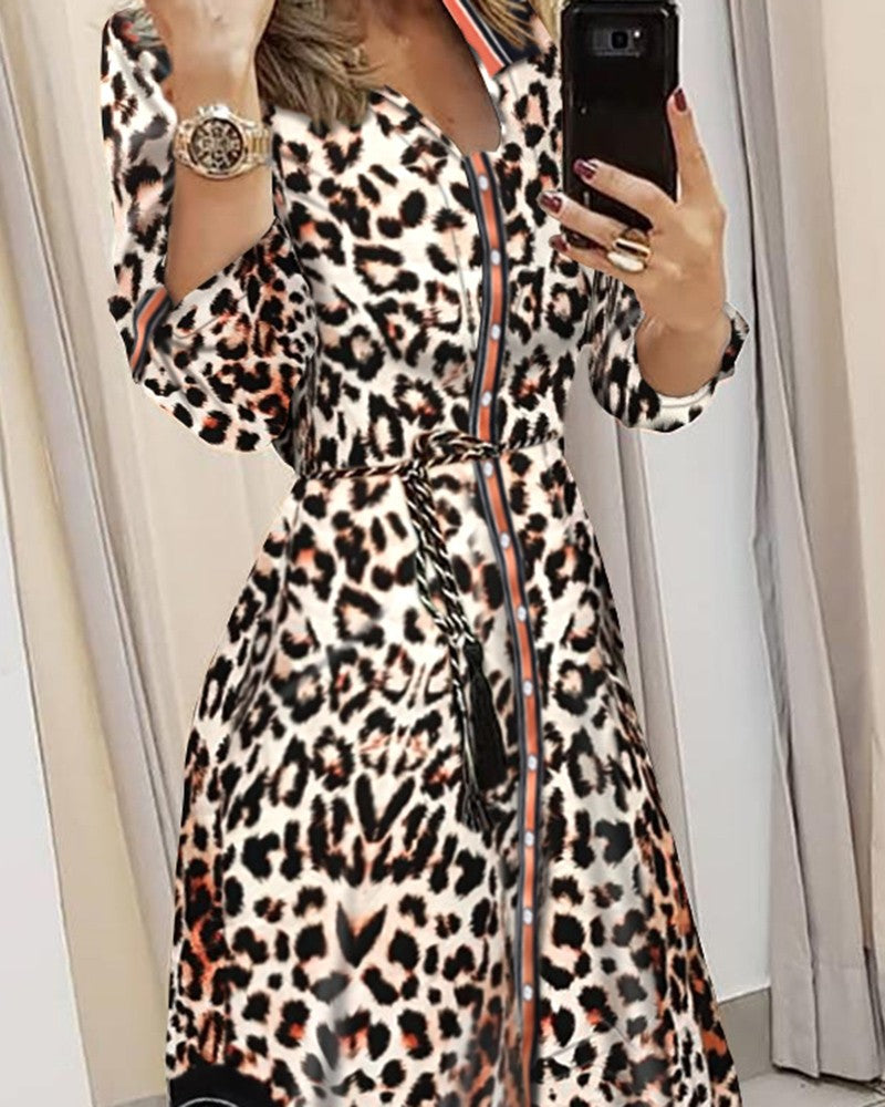 Striped Cheetah Print Button Front Asymmetrical Shirt Dress