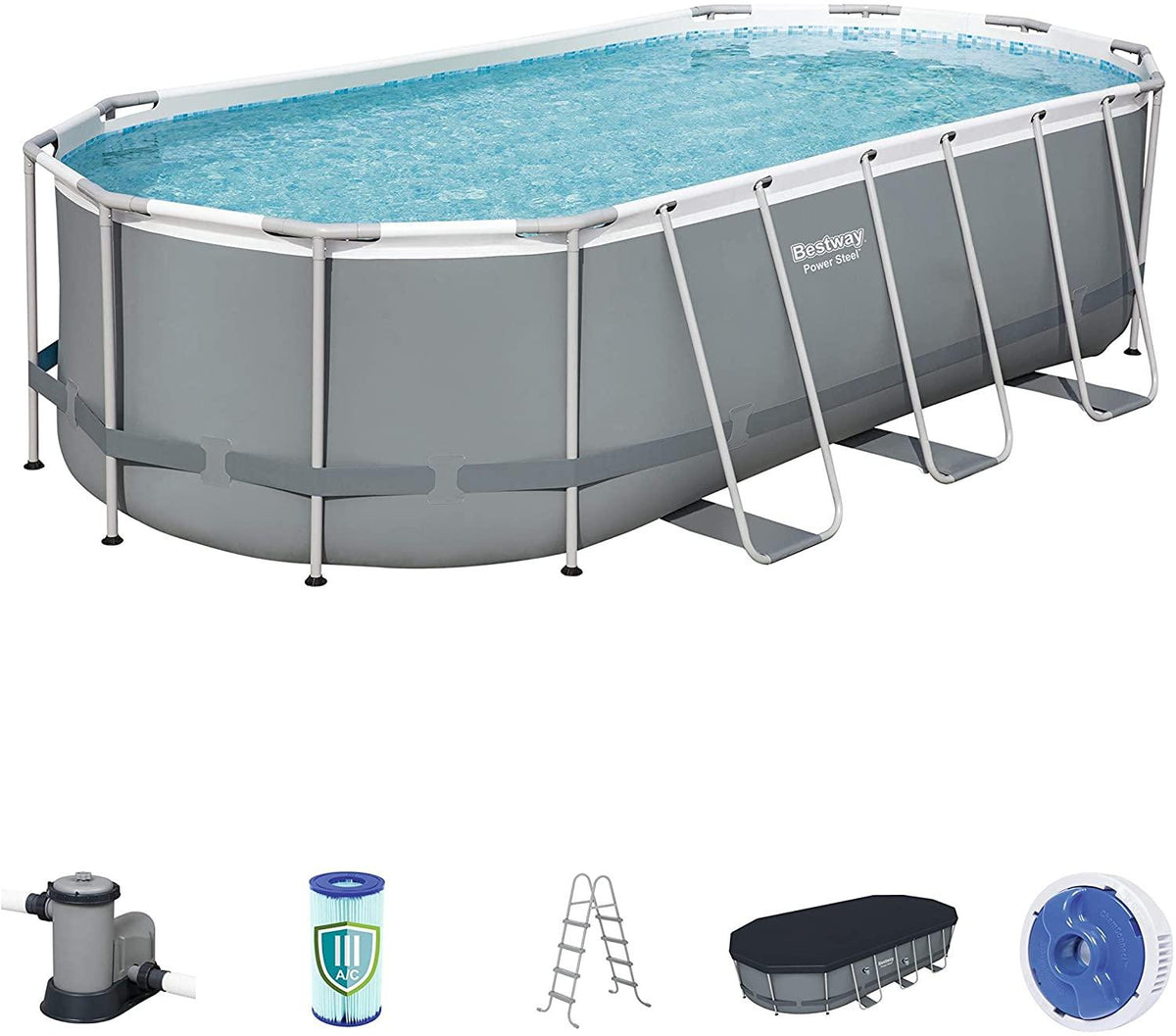 Bestway 56711E Power Steel 18' x 9' x 48" Outdoor Oval Frame Above Ground Swimming Pool Set with 1500 GPH Cartridge Filter Pump, Cover, & Ladder, Gray