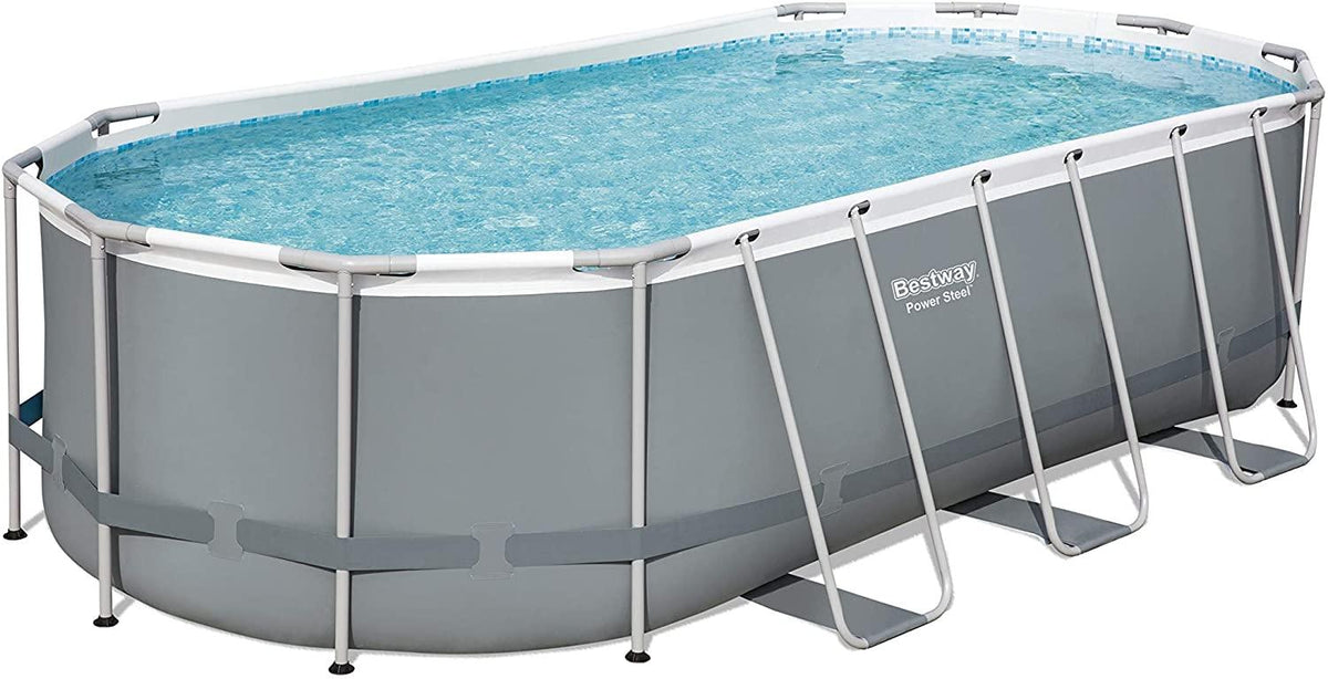 Bestway 56711E Power Steel 18' x 9' x 48" Outdoor Oval Frame Above Ground Swimming Pool Set with 1500 GPH Cartridge Filter Pump, Cover, & Ladder, Gray