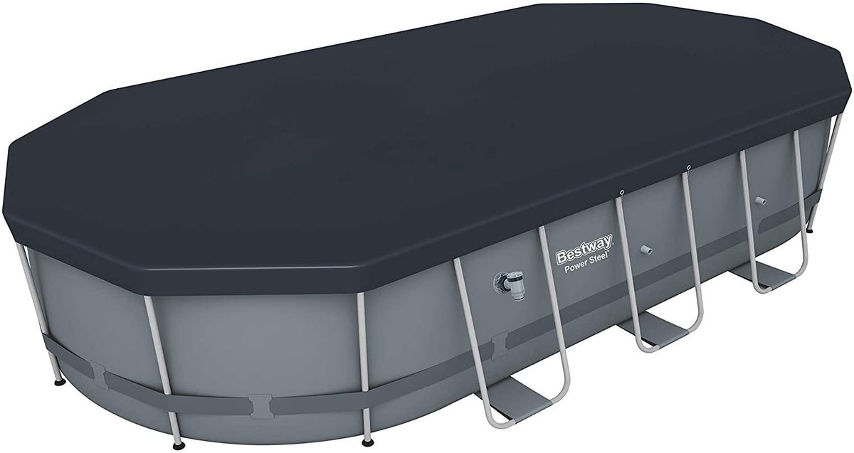 Bestway 56711E Power Steel 18' x 9' x 48" Outdoor Oval Frame Above Ground Swimming Pool Set with 1500 GPH Cartridge Filter Pump, Cover, & Ladder, Gray