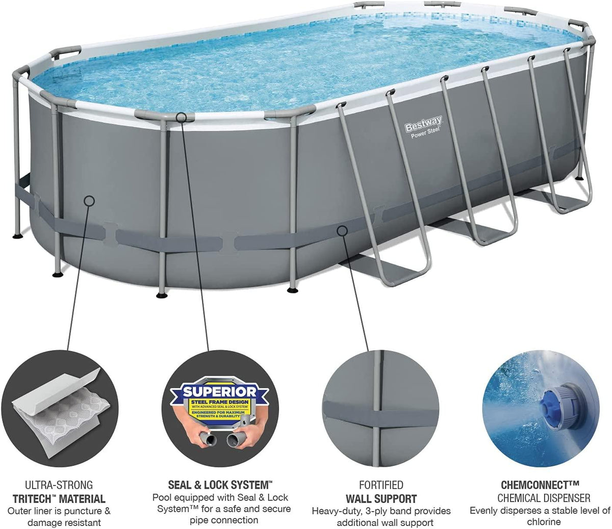 Bestway 56711E Power Steel 18' x 9' x 48" Outdoor Oval Frame Above Ground Swimming Pool Set with 1500 GPH Cartridge Filter Pump, Cover, & Ladder, Gray