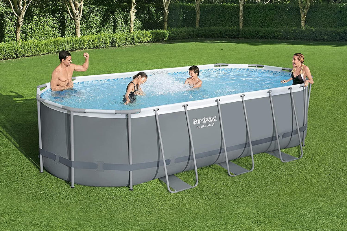 Bestway 56711E Power Steel 18' x 9' x 48" Outdoor Oval Frame Above Ground Swimming Pool Set with 1500 GPH Cartridge Filter Pump, Cover, & Ladder, Gray