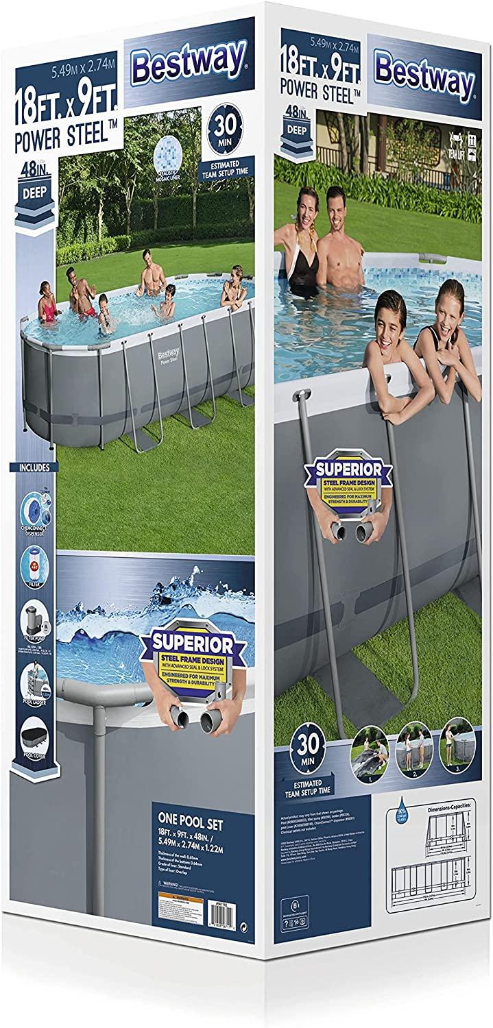 Bestway 56711E Power Steel 18' x 9' x 48" Outdoor Oval Frame Above Ground Swimming Pool Set with 1500 GPH Cartridge Filter Pump, Cover, & Ladder, Gray