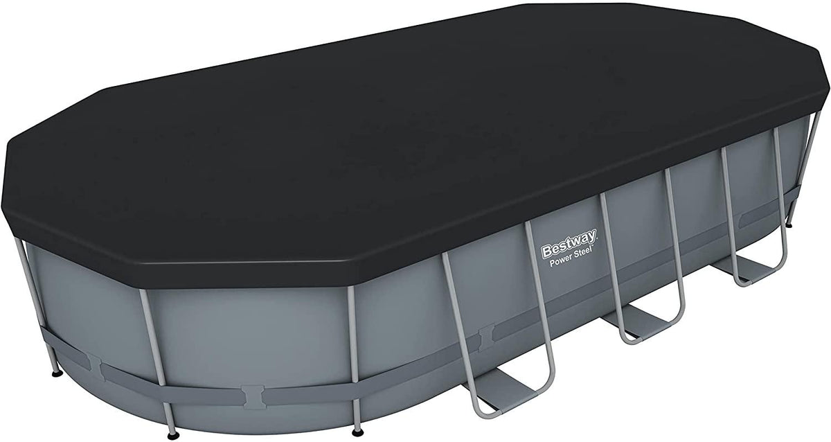 Bestway 56711E Power Steel 18' x 9' x 48" Outdoor Oval Frame Above Ground Swimming Pool Set with 1500 GPH Cartridge Filter Pump, Cover, & Ladder, Gray