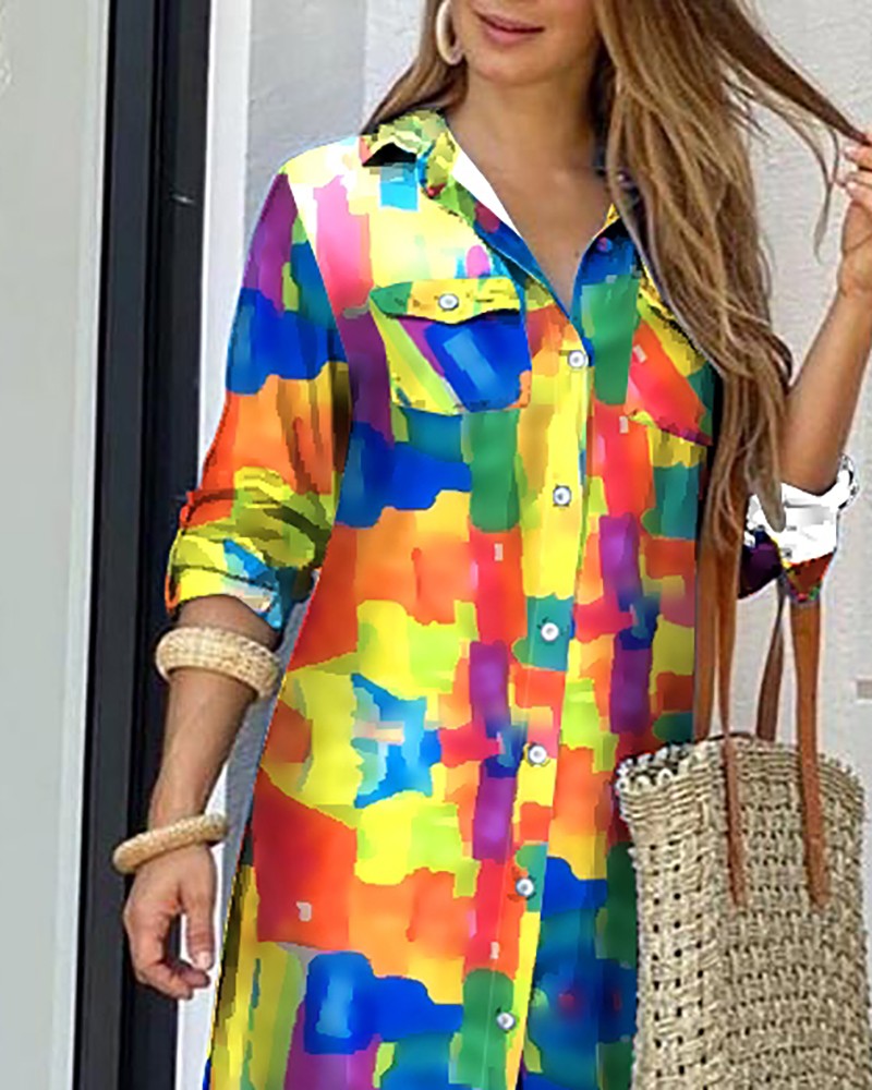 Color Pocket Design Slit Shirt Dress