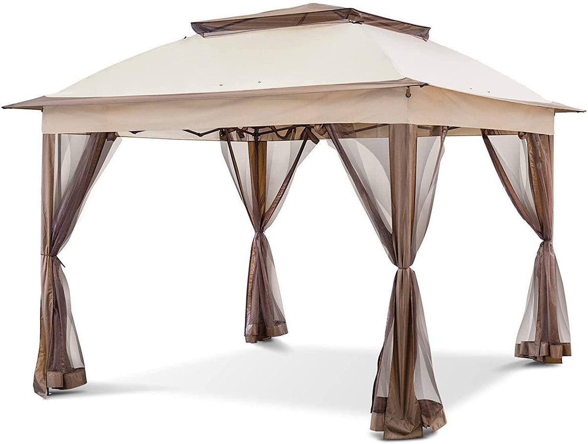 11'x11' Beige Outdoor 2-Tier Vented Canopy Steel Gazebo BBQ Party Tent