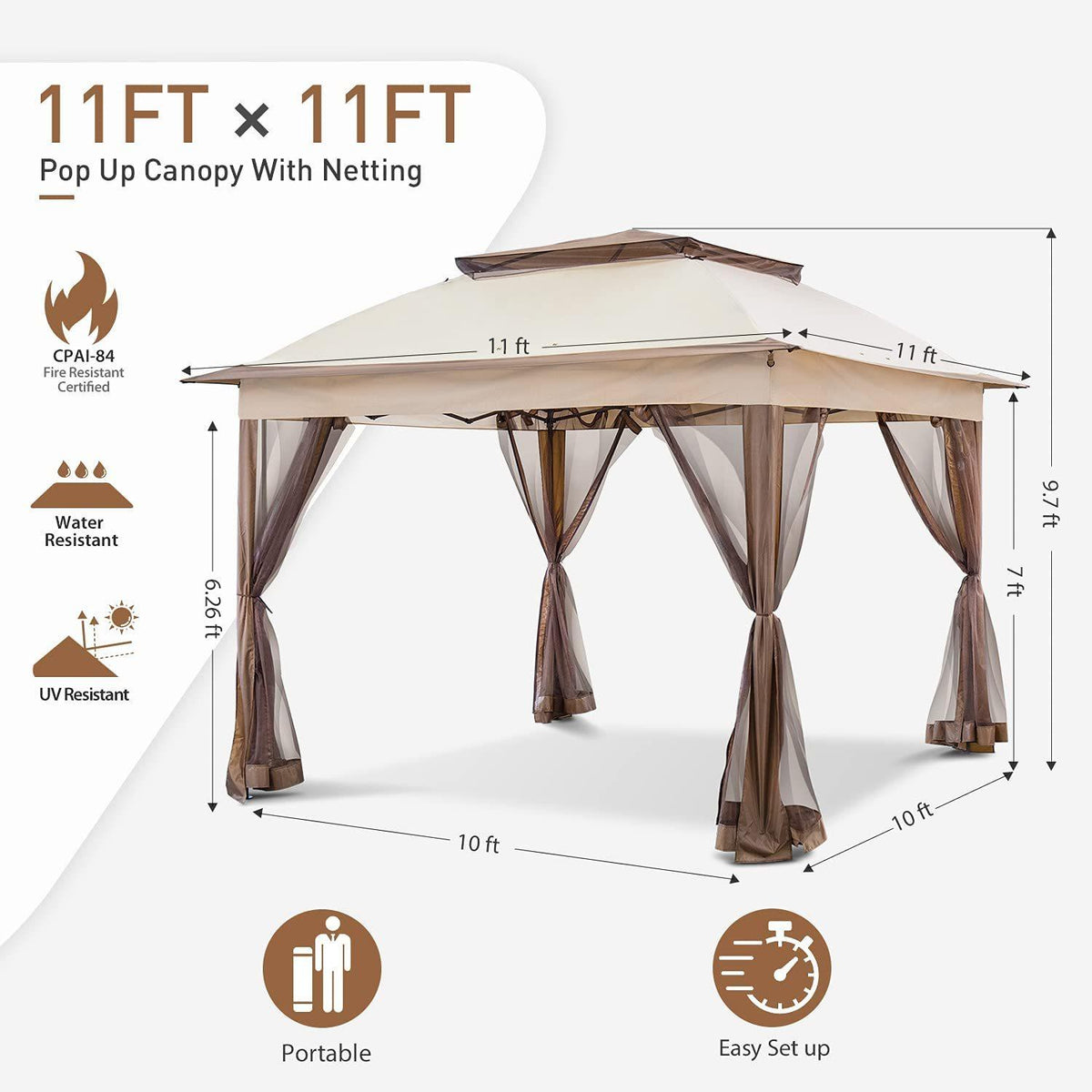 11'x11' Beige Outdoor 2-Tier Vented Canopy Steel Gazebo BBQ Party Tent