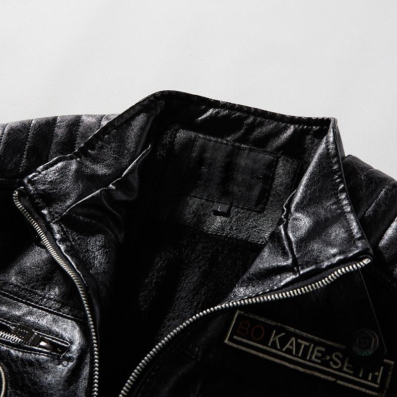 Leather Jacket Men Winter Fleece Motorcycle Stand Collar Casual Windbreaker