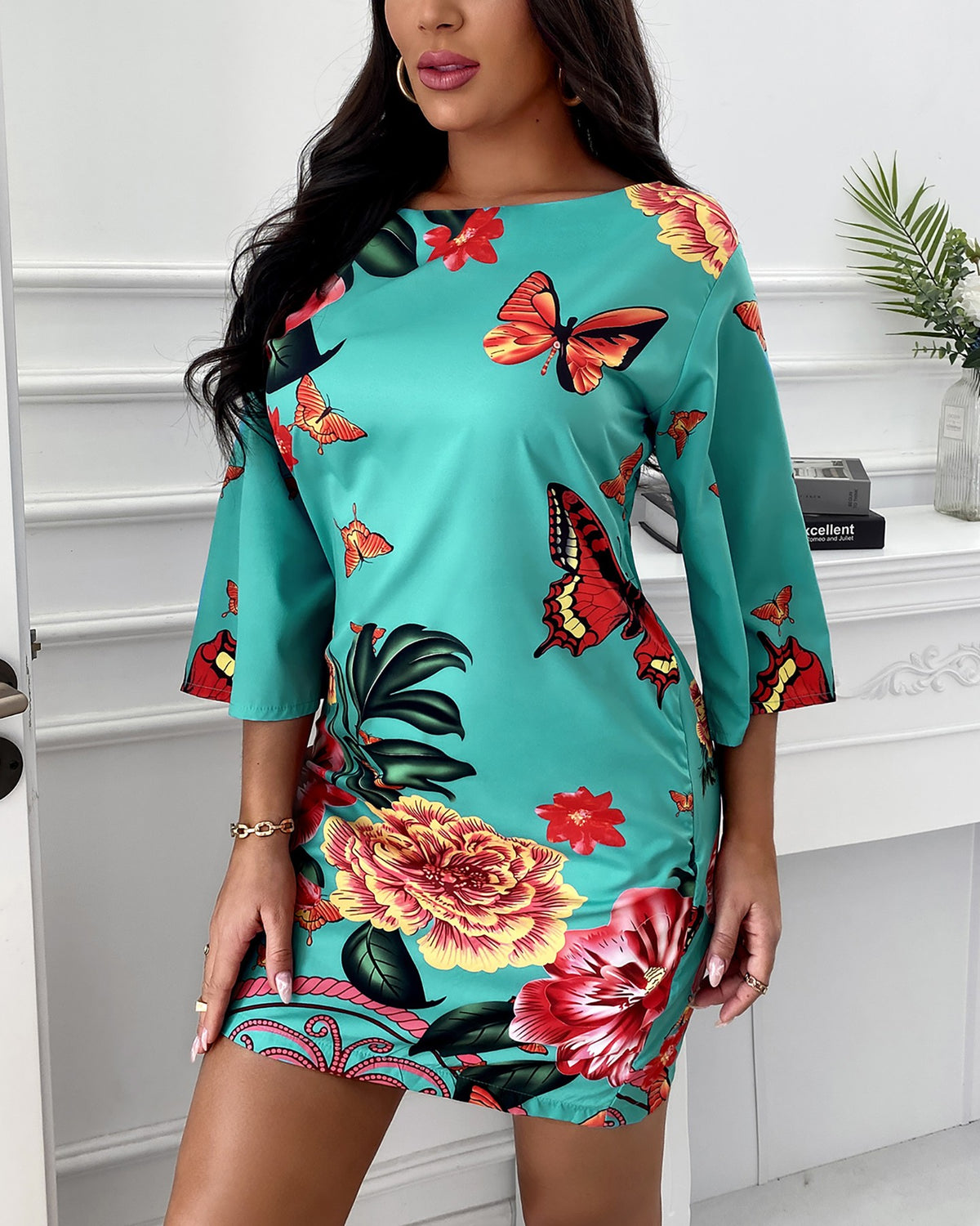 Half Sleeve Butterfly Floral Print Dress