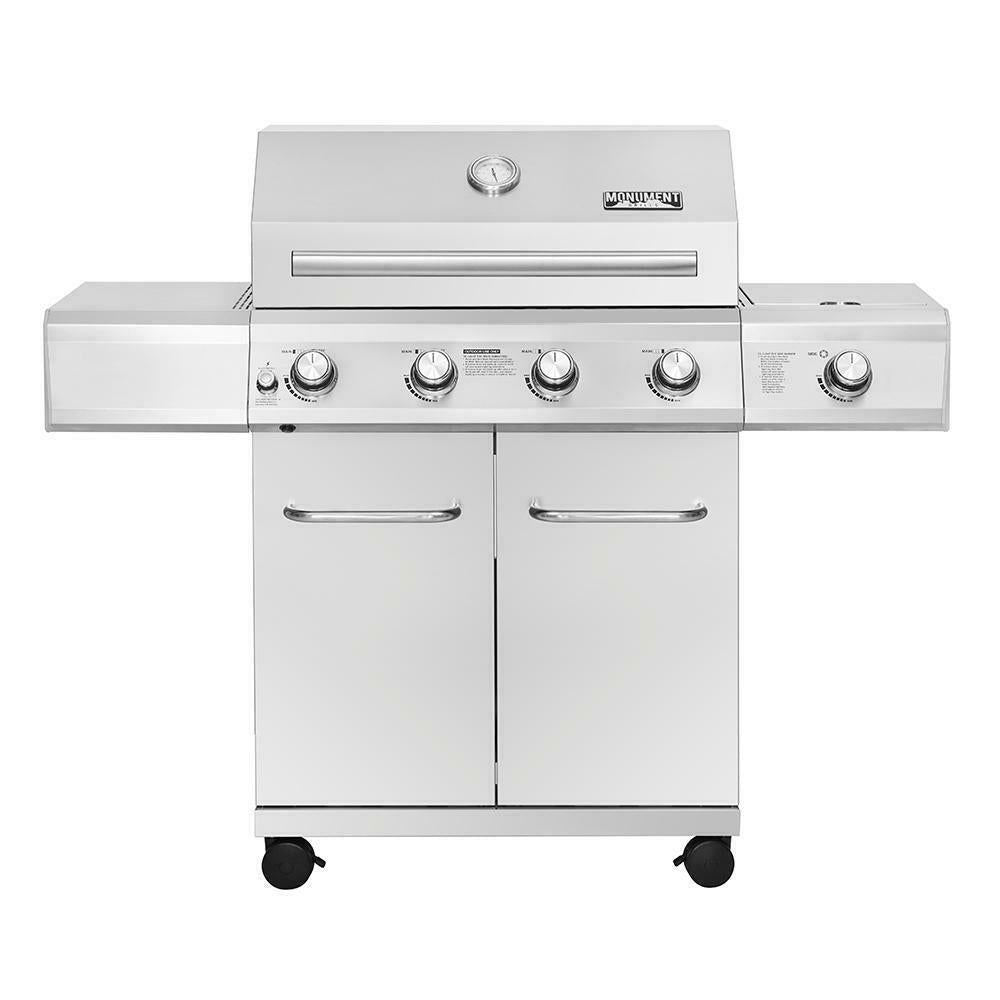 Monument Propane Gas Grill LED Controls Stainless Steel 4 Burners 1 Side Burner